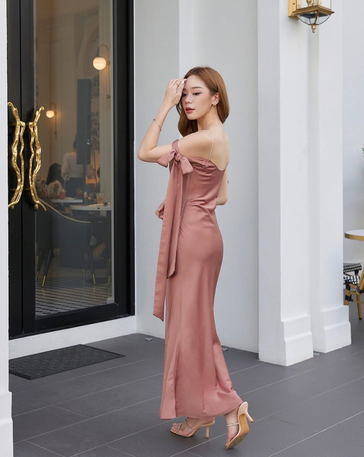 Pirunya Bow Off Shoulder Maxi Dusty Rose Dress