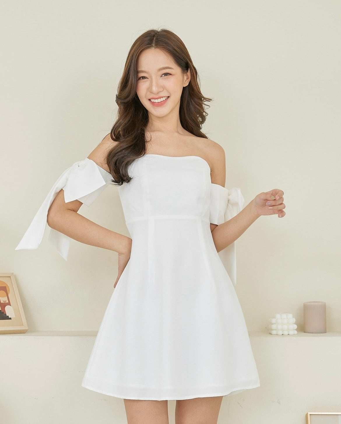 Pirunya Bow Off Shoulder Mini White Dress