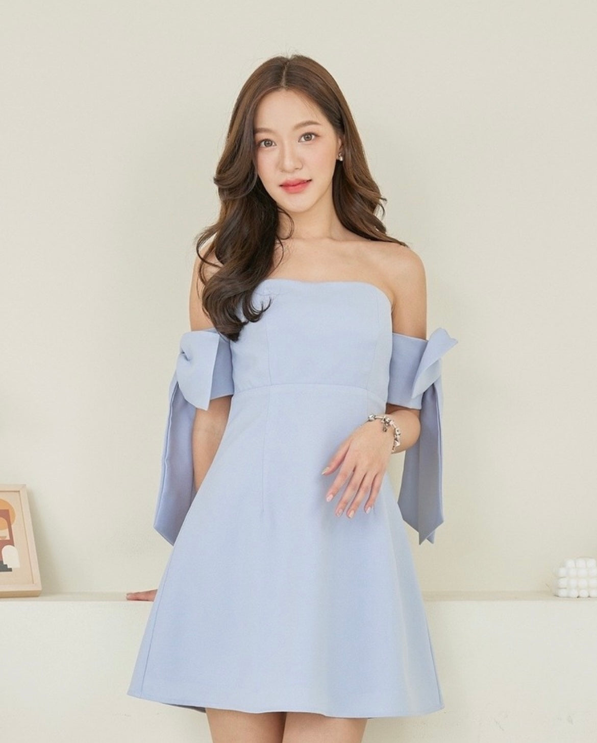 Pirunya Bow Off Shoulder Mini Sky Blue Dress