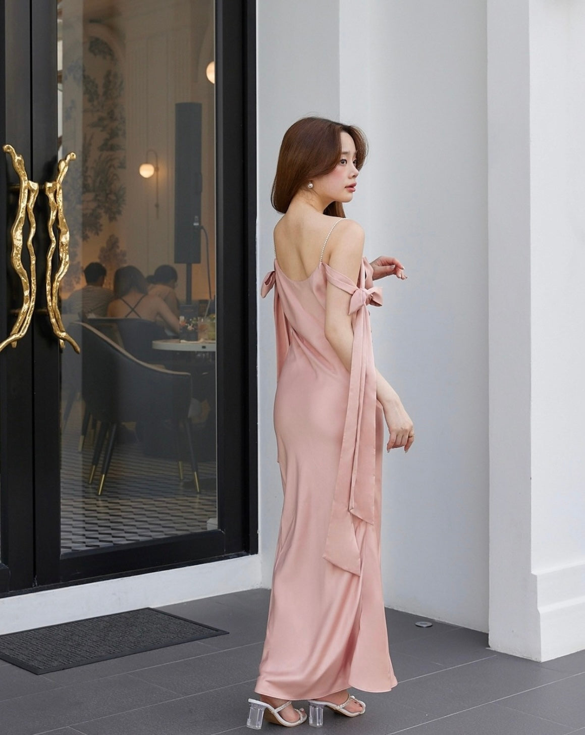 Pirunya Bow Off Shoulder Maxi Baby Pink Dress