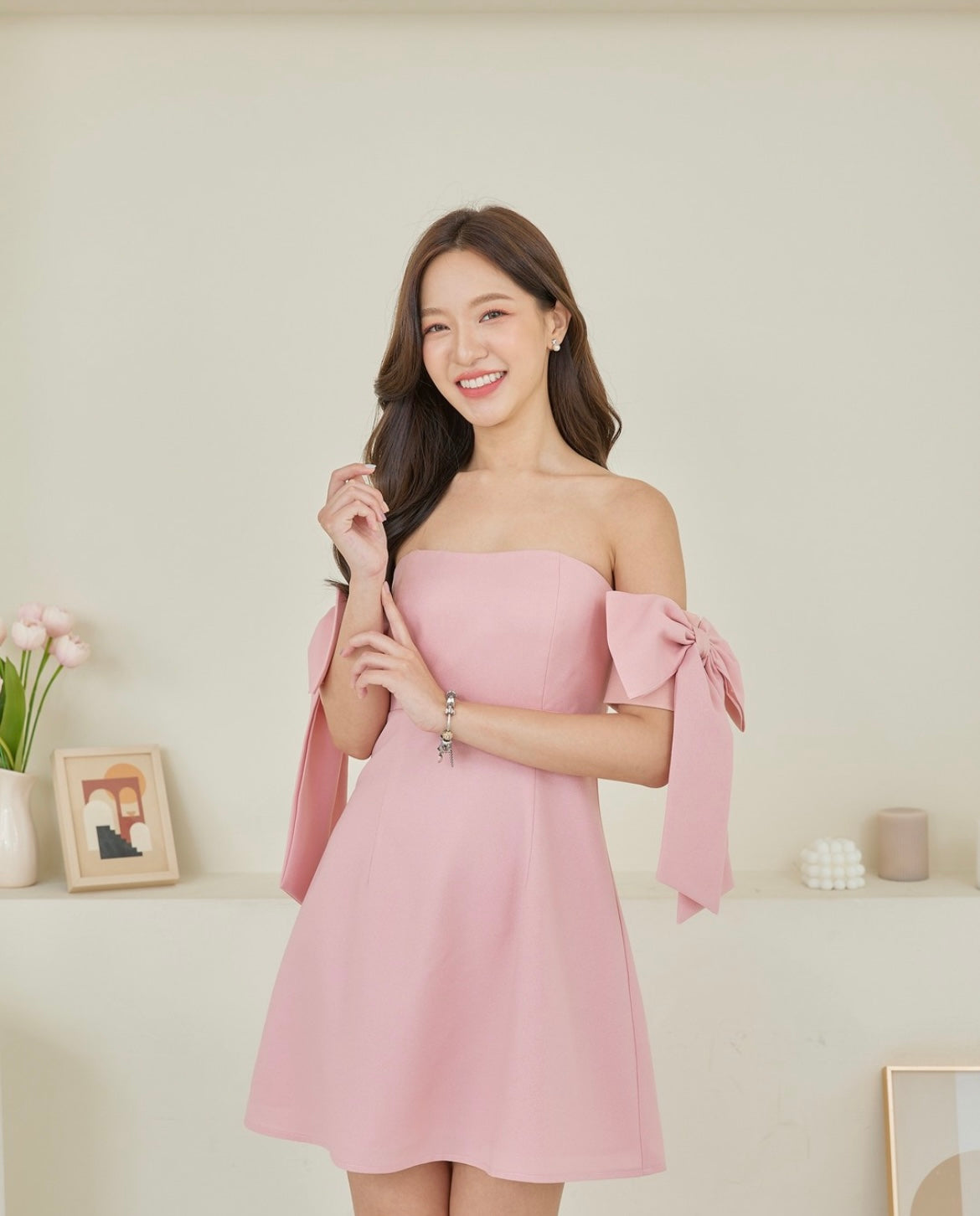 Pirunya Bow Off Shoulder Mini Pink Dress