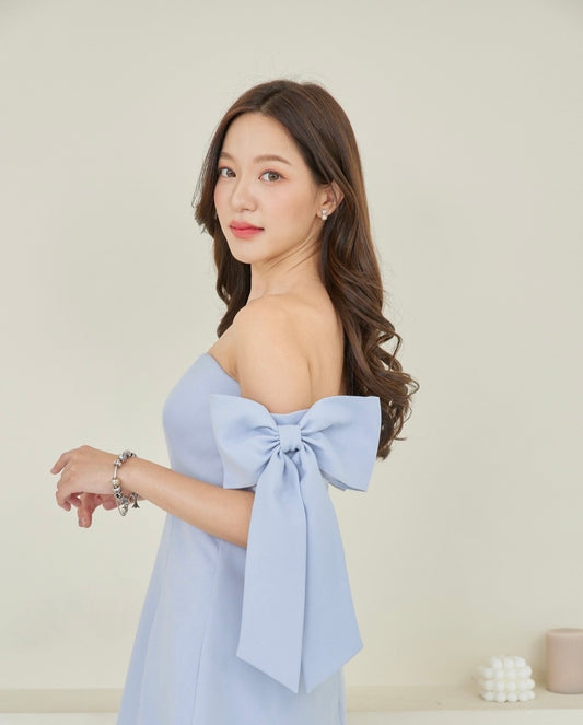 Pirunya Bow Off Shoulder Mini Sky Blue Dress