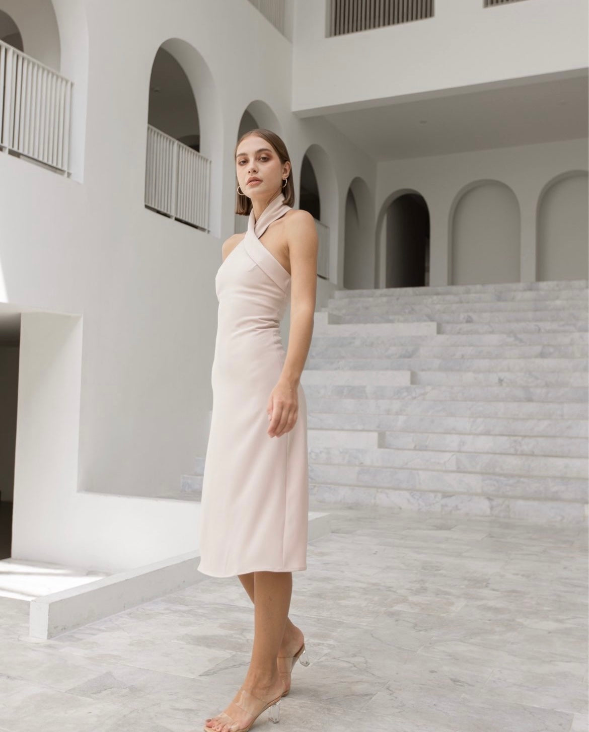 Cecilia Halter Neck Midi Nude Dress