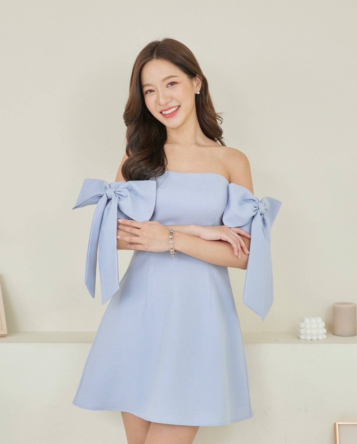 Pirunya Bow Off Shoulder Mini Sky Blue Dress