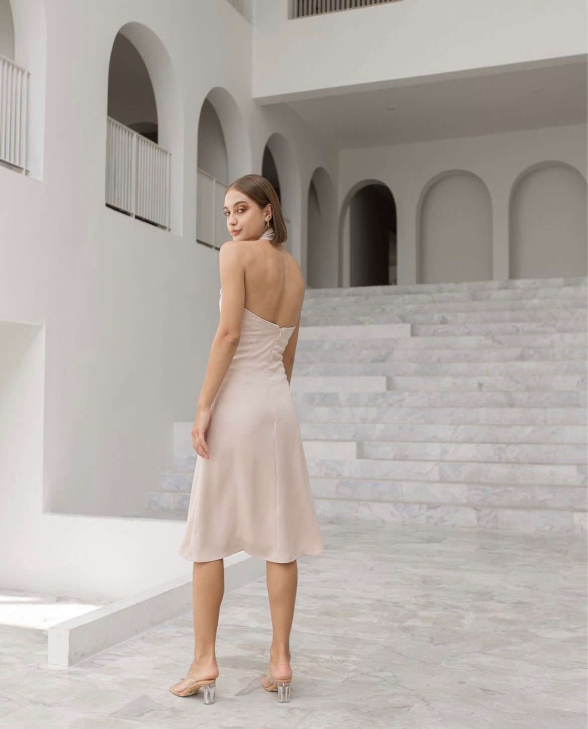 Cecilia Halter Neck Midi Nude Dress