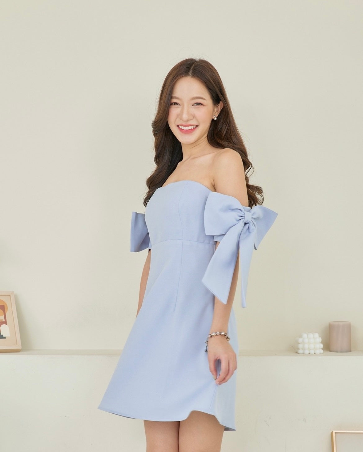 Pirunya Bow Off Shoulder Mini Sky Blue Dress