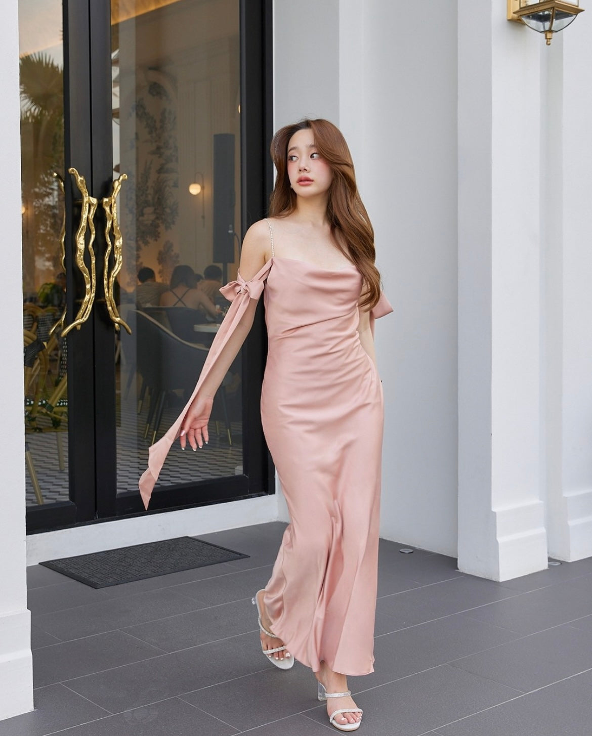 Pirunya Bow Off Shoulder Maxi Baby Pink Dress