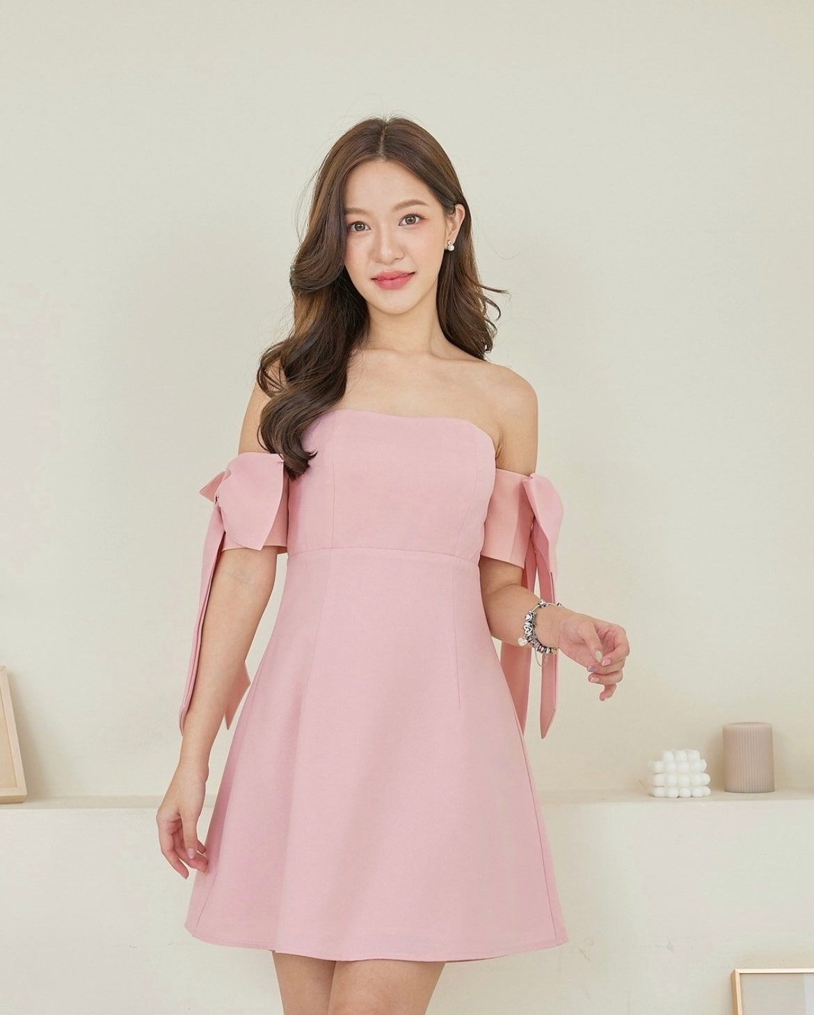 Pirunya Bow Off Shoulder Mini Pink Dress